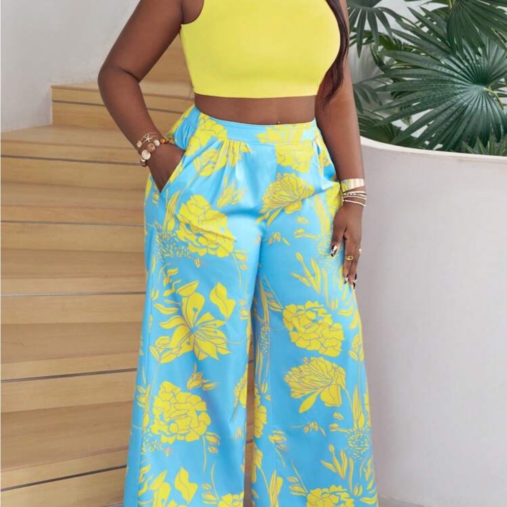 Floral Blue and Yellow Wide-Leg Pants